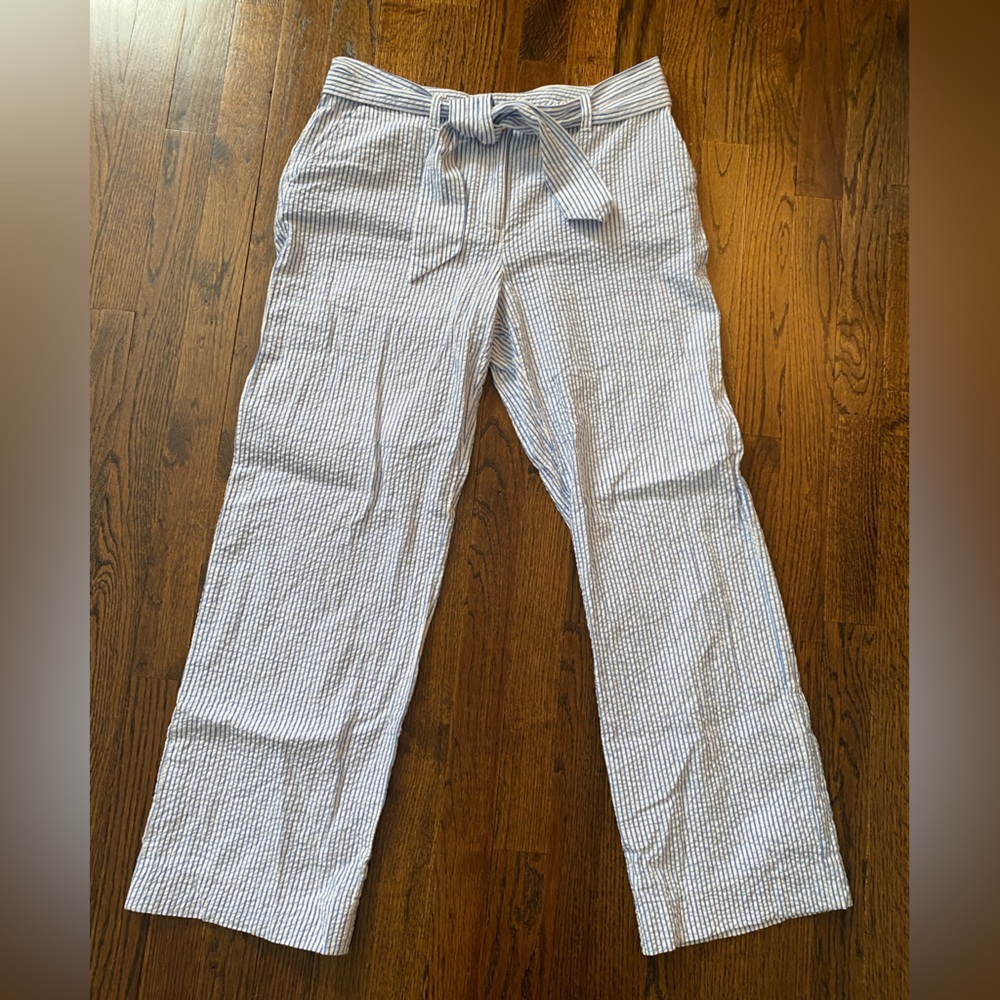J. McLaughlin- Seersucker pants women 100% cotton Blue Striped Tie-Waist Pants 8